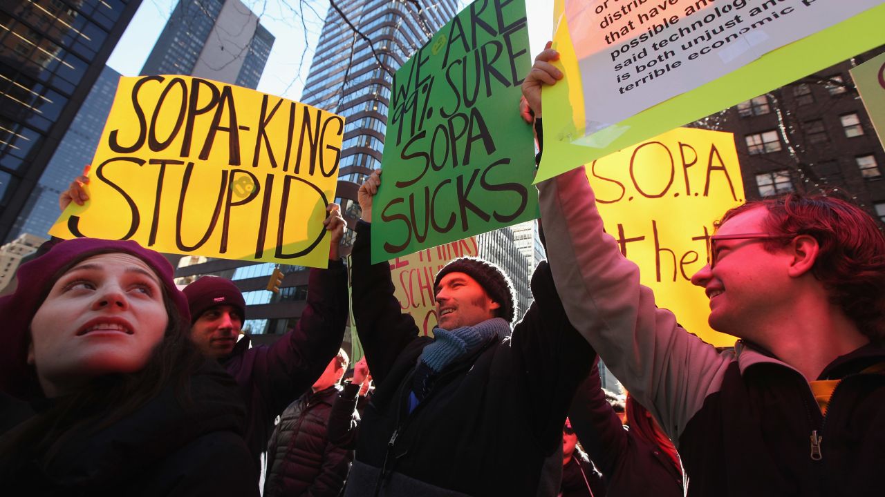 People protest the proposed Stop Online Piracy Act in January in New York.