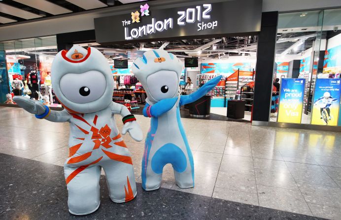 Olympic mascots Wenlock and Mandeville strike a pose outside the London 2012 store at Heathrow Airport.