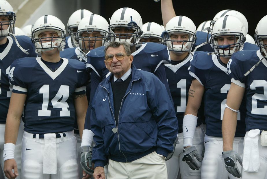 Penn State University head football coach Joe Paterno on the sidelines during a 2004 game. Paterno's legacy was tarnished in the wake of the Jerry Sandusky child abuse scandal. The fallout included NCAA sanctions in July 2012 that struck 111 of Paterno's 409 wins from the record book. The stripped victories stretched back to 1998 and removed Paterno's crown as winningest college football coach in history. He died of cancer in January.