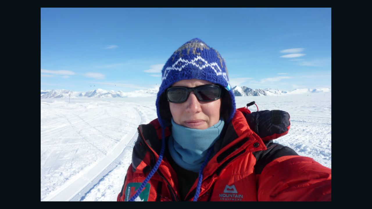 Adventurer Felicity Aston on Union Glacier on Antarctica.
