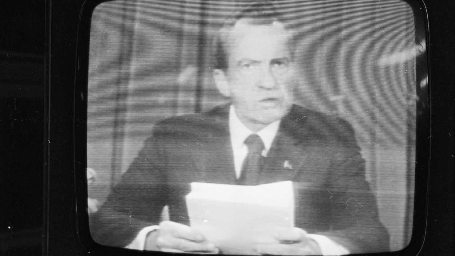 President Richard Nixon announces his resignation in 1974, following the Watergate scandal.