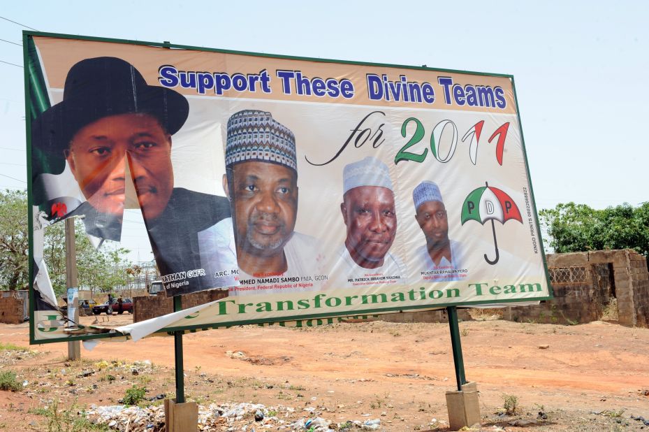 A photograph of President Goodluck Jonathan is displayed on a joint campaign billboard of the ruling People's Democratic Party. 