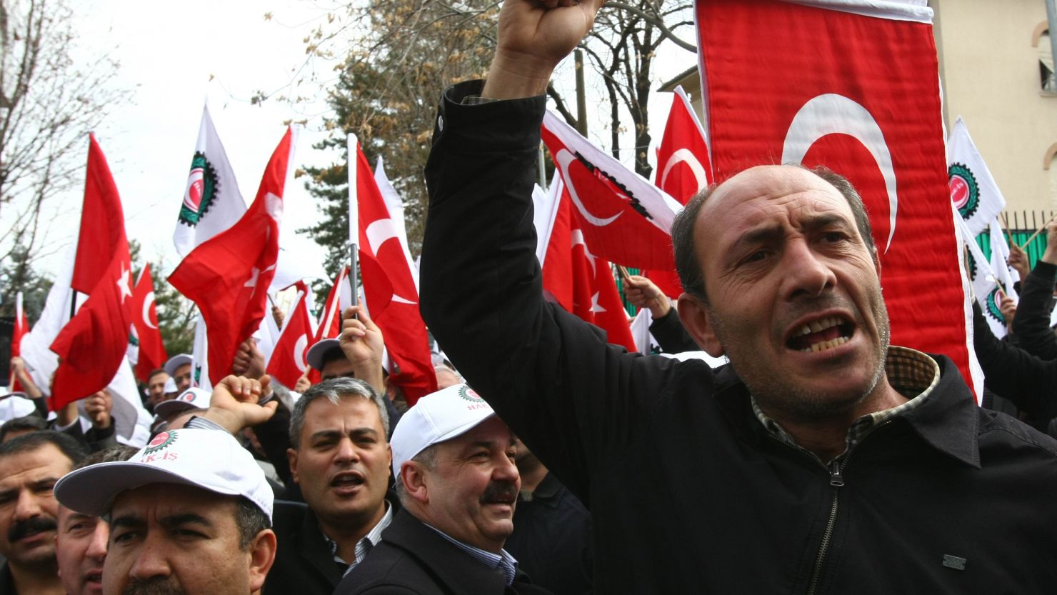 Members of a pro-government workers union protest outside the French Embassy in Ankara in December.