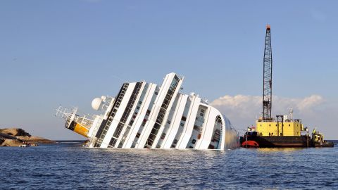 Salvage work on the stricken cruise ship Costa Concordia.