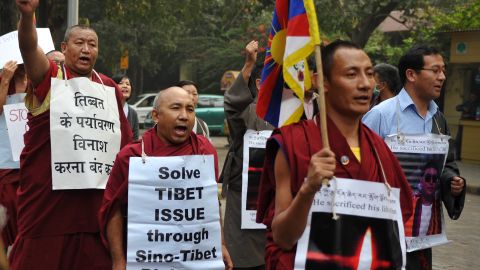 Tibetan protestors rally near the Chinese embassy in New Delhi on December 7, 2011. 