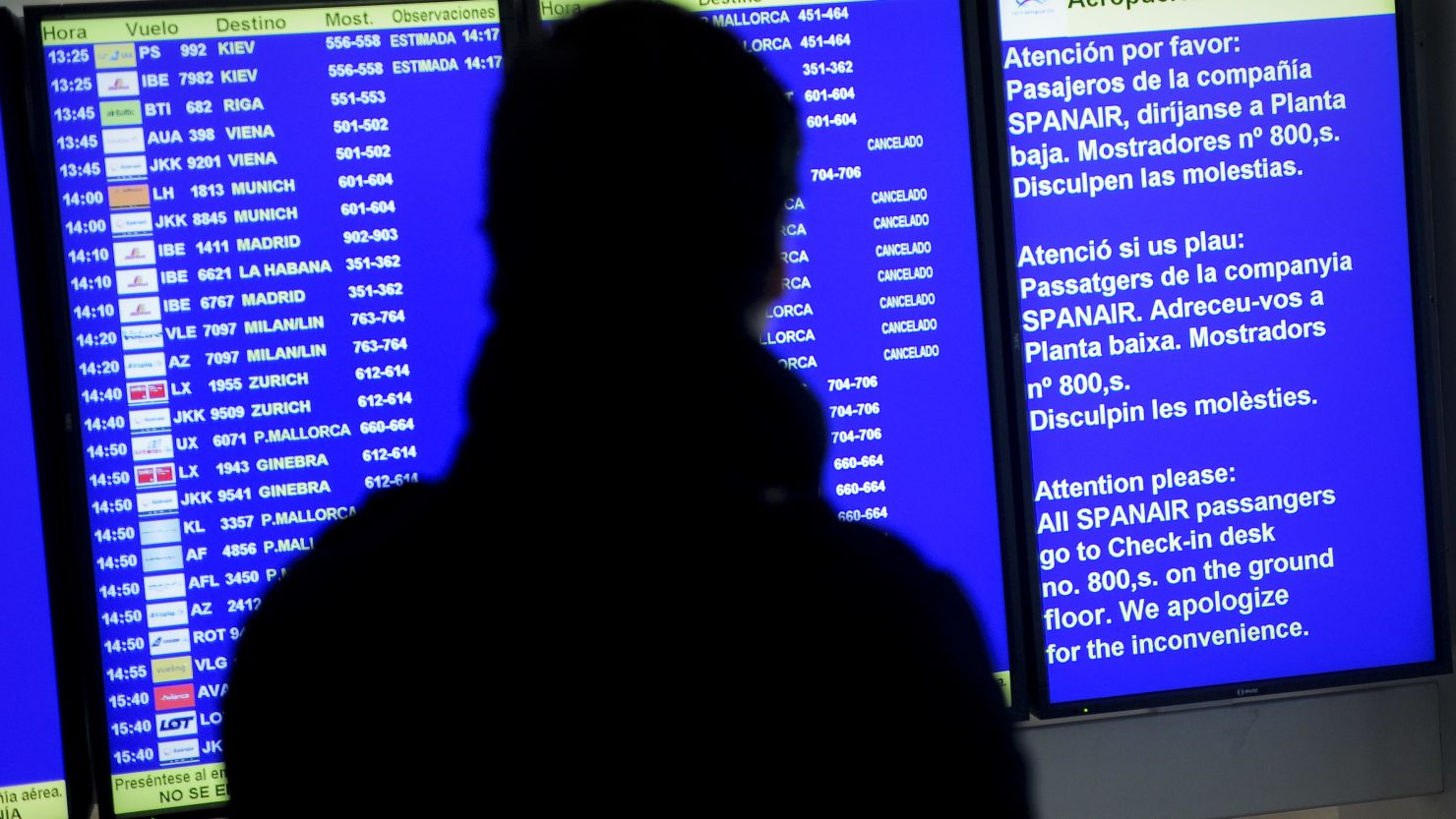 A board displayes information on canceled Spanair's flights at El Prat International Airport in Barcelona.
