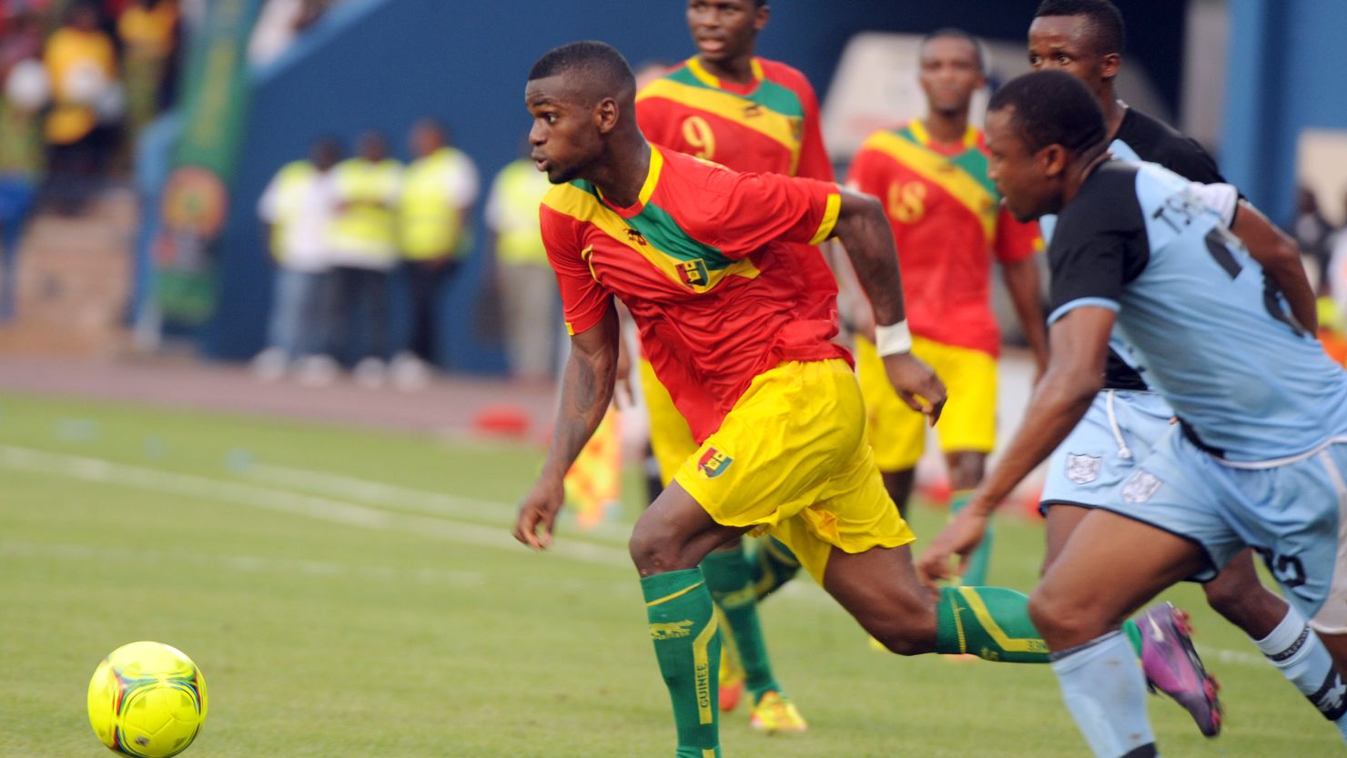 Striker Razzagui Camara (center) scored Guinea's third goal in a 6-1 thrashing of Botswana on Saturday in Franceville.
