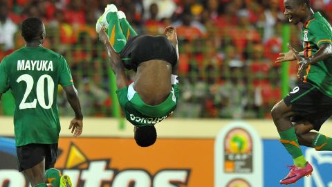 Zambia's Christopher Katongo does a somersault celebration after scoring the only goal against Ecuatorial Guinea.