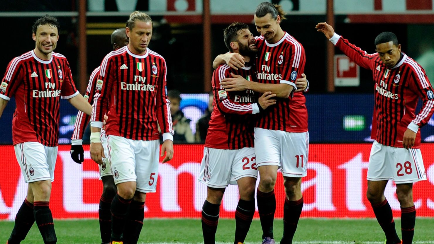 Zlatan Ibrahimovic is congratulated after scoring in AC Milan's win over Cagliari.