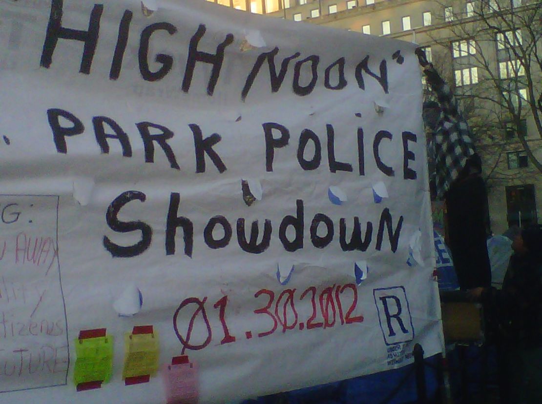 Occupy DC demonstrators displayed this sign at McPherson Square on Monday.