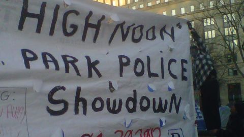 Occupy DC demonstrators displayed this sign at McPherson Square on Monday.