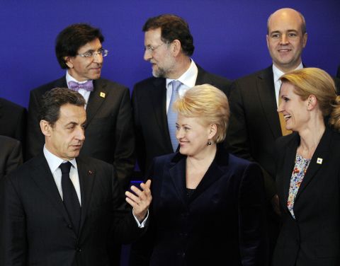 Lithuanian President Dalia Grybauskaitė and Denmark's Prime Minister Helle Thorning-Schmidt talk with France's former President Sarkozy at a European Union summit on January 30, 2012 in Brussels. There are several female presidents and prime ministers in Europe.
