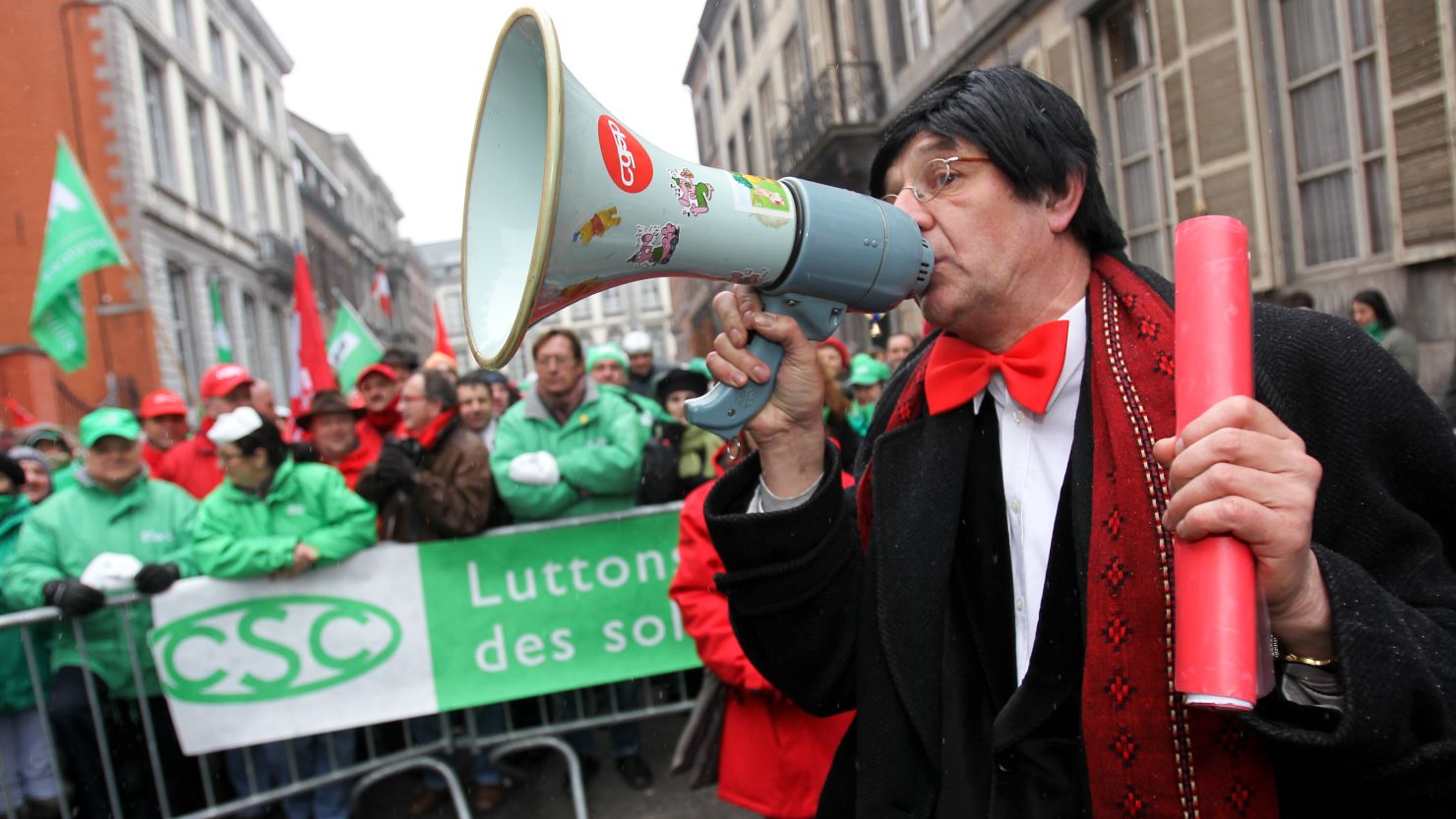 A man dressed as Belgian Prime Minister Elio Di Rupo takes part in a strike in front Di Rupo's residence in Mons, on January 30, 2012. 