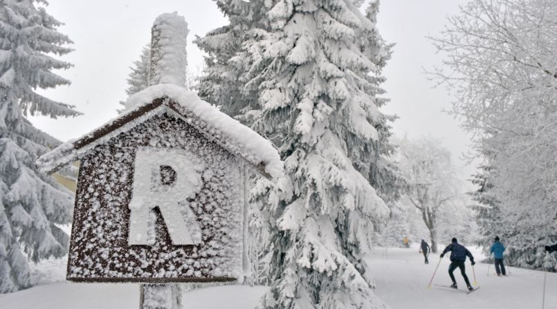 Skiers make their way through the snow near Oberhof, Germany, on January 25.