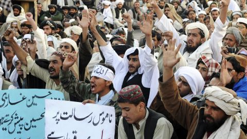 Supporters of a hard-line pro-Taliban party chant slogans during a rally in Quetta, Pakistan, on January 13, 2011.