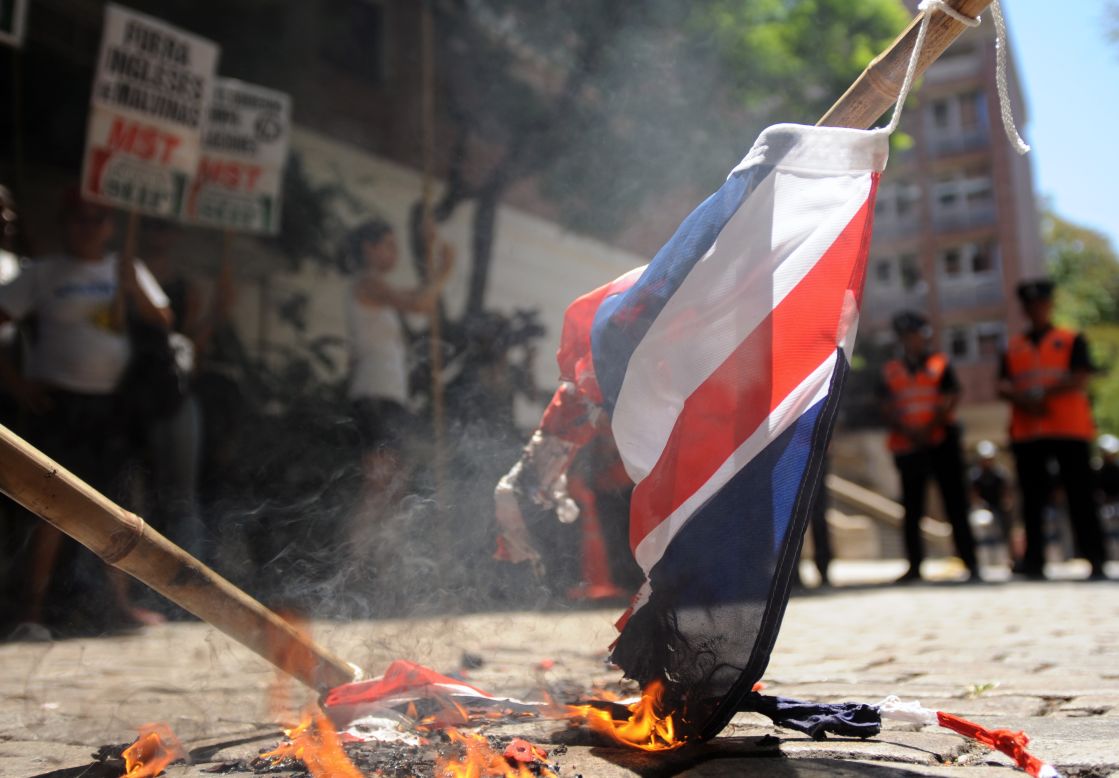 Argentinian activists burn a Union Jack during a demonstration in front of the British embassy in Buenos Aires in January.