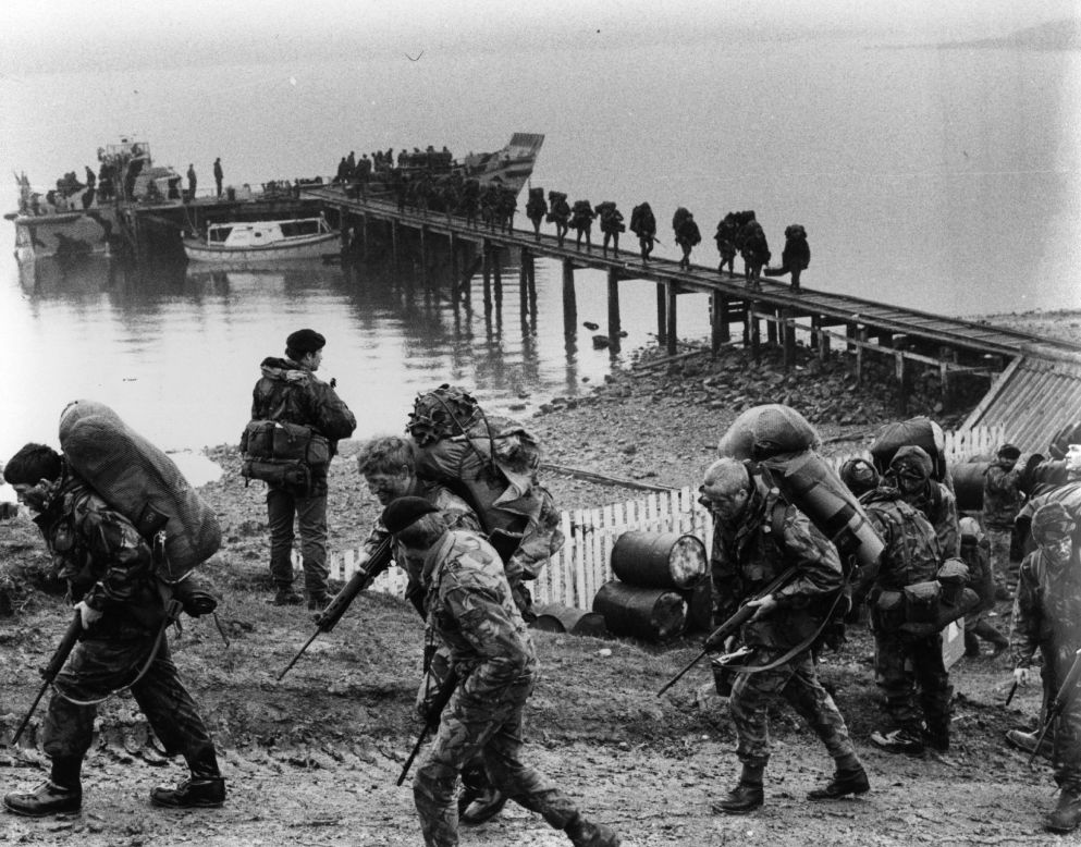 British troops arriving in the Falklands Islands during the 1982 Falklands conflict.