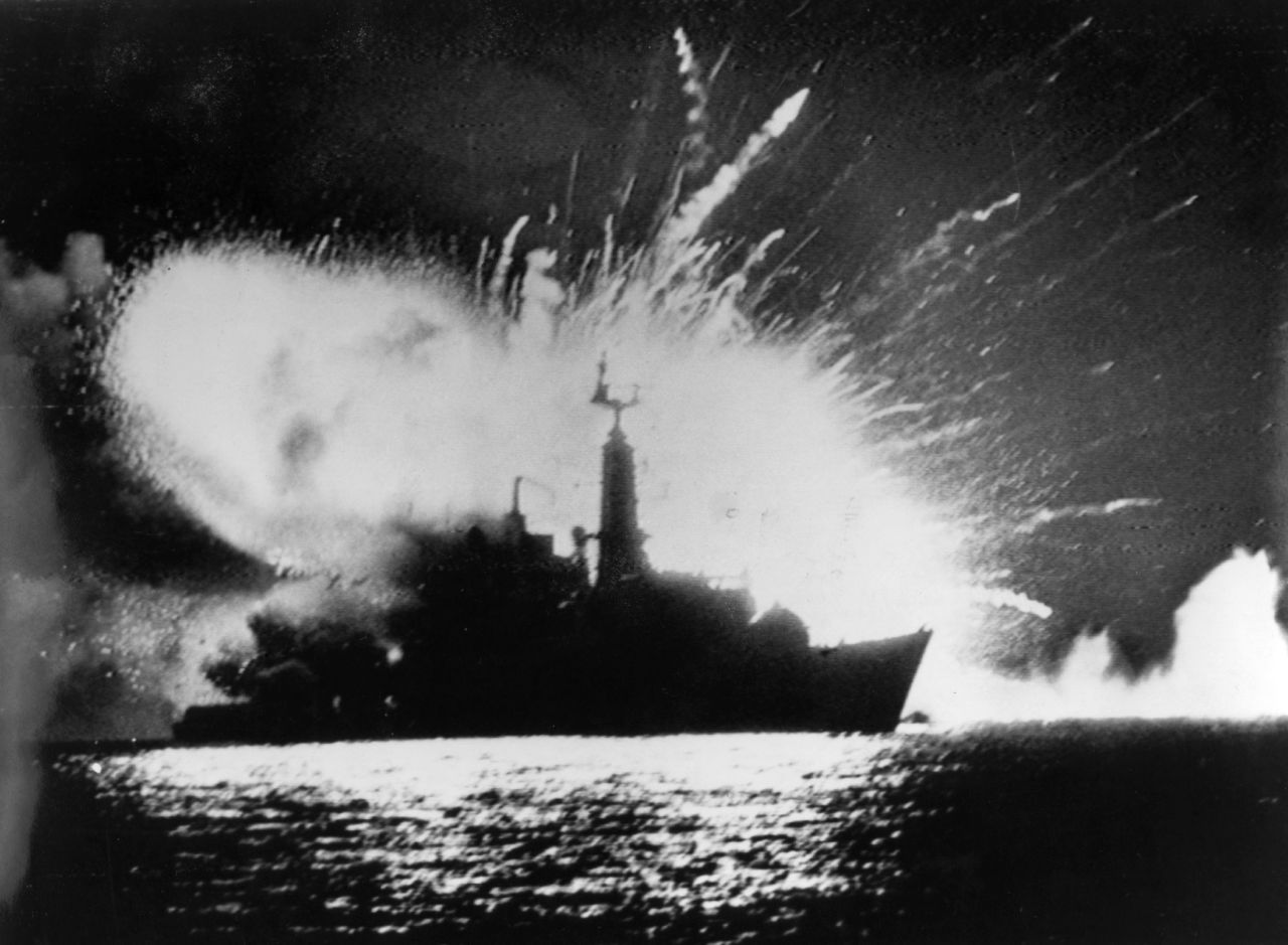 British Royal Navy frigate HMS Antelope explodes in the bay of San Carlos off East Falkland during the 1982 Falklands conflict.
