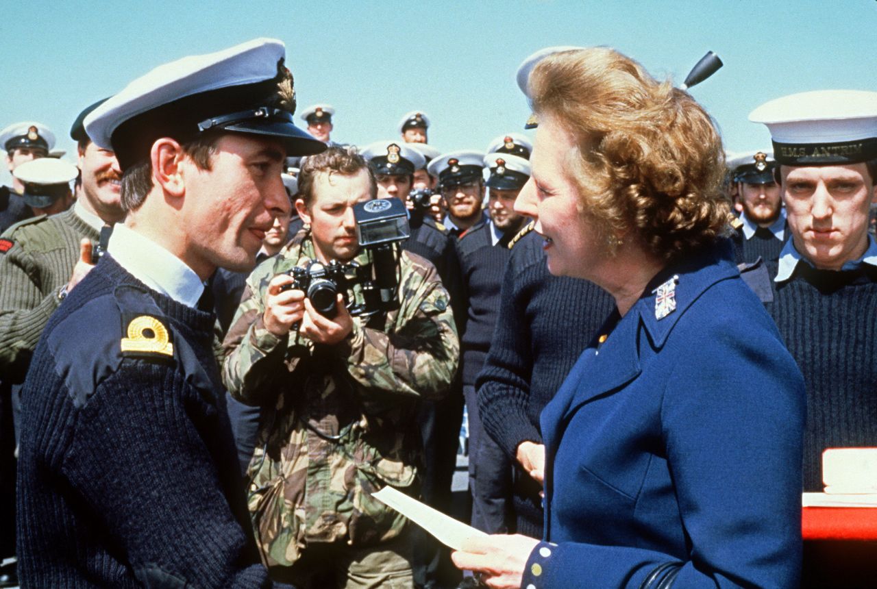 British Prime Minister Margaret Thatcher meets personnel aboard the HMS Antrim during a visit to the Falkands in 1983.