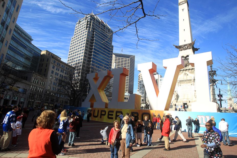 The Super Bowl circus has taken over the city of Indianapolis, with this giant logo occupying space in front of the Soldiers' and Sailors' Monument.