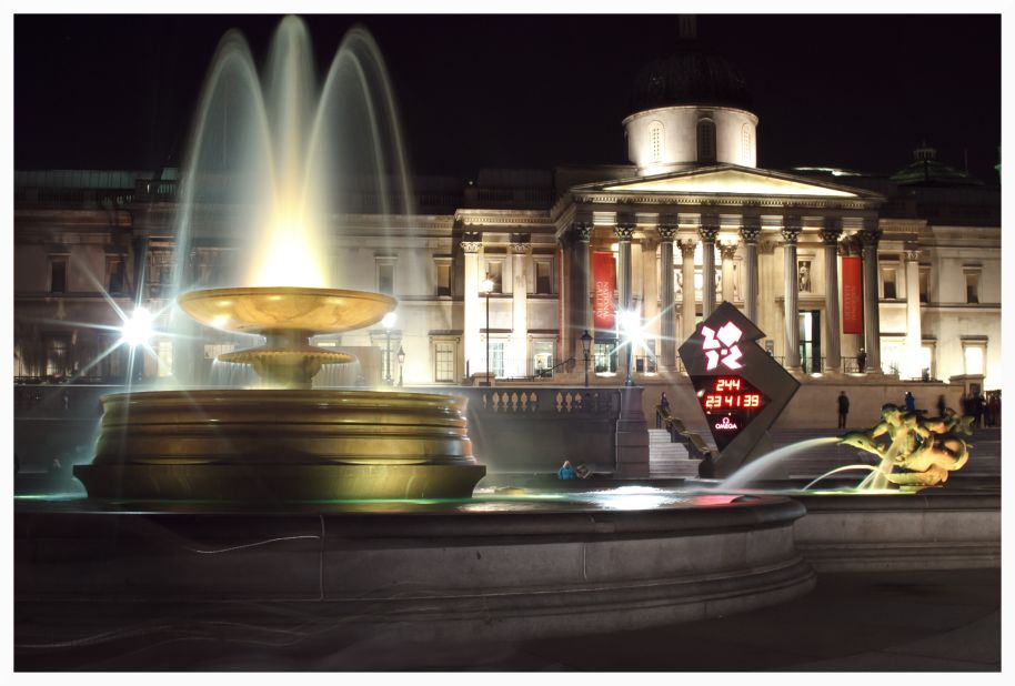 William Hoki took this photo of the National Gallery, including the 2012 Olympic countdown clock in the frame. "The fountains at Trafalgar Square were recently restored with LED lights that gradually change colors. It's an amazing spectacle at night."