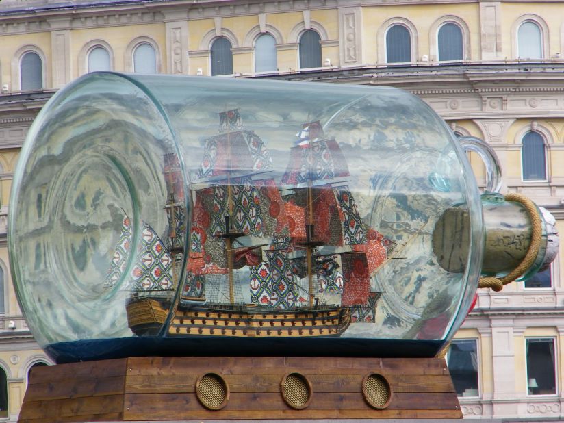 Linda Wampach took this photo of a ship in a bottle on the empty plinth in Trafalgar Square. "We had never been out of the country before so it was all very different and exciting," she said.