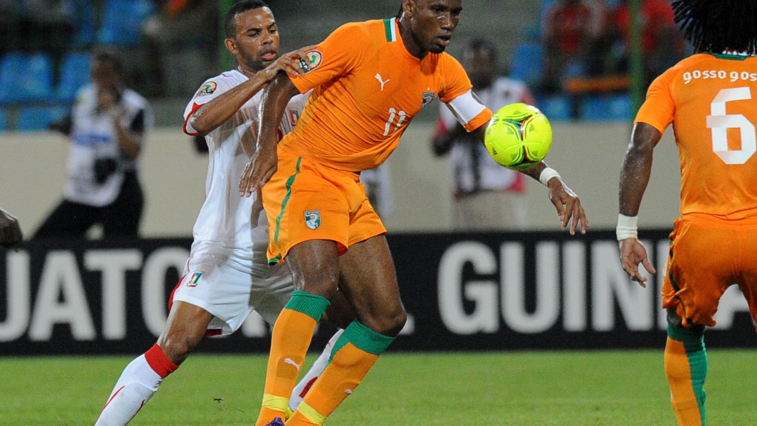 Chelsea star Didier Drogba scored twice in Ivory Coast's quarterfinal win over co-hosts Equatorial Guinea on Saturday.