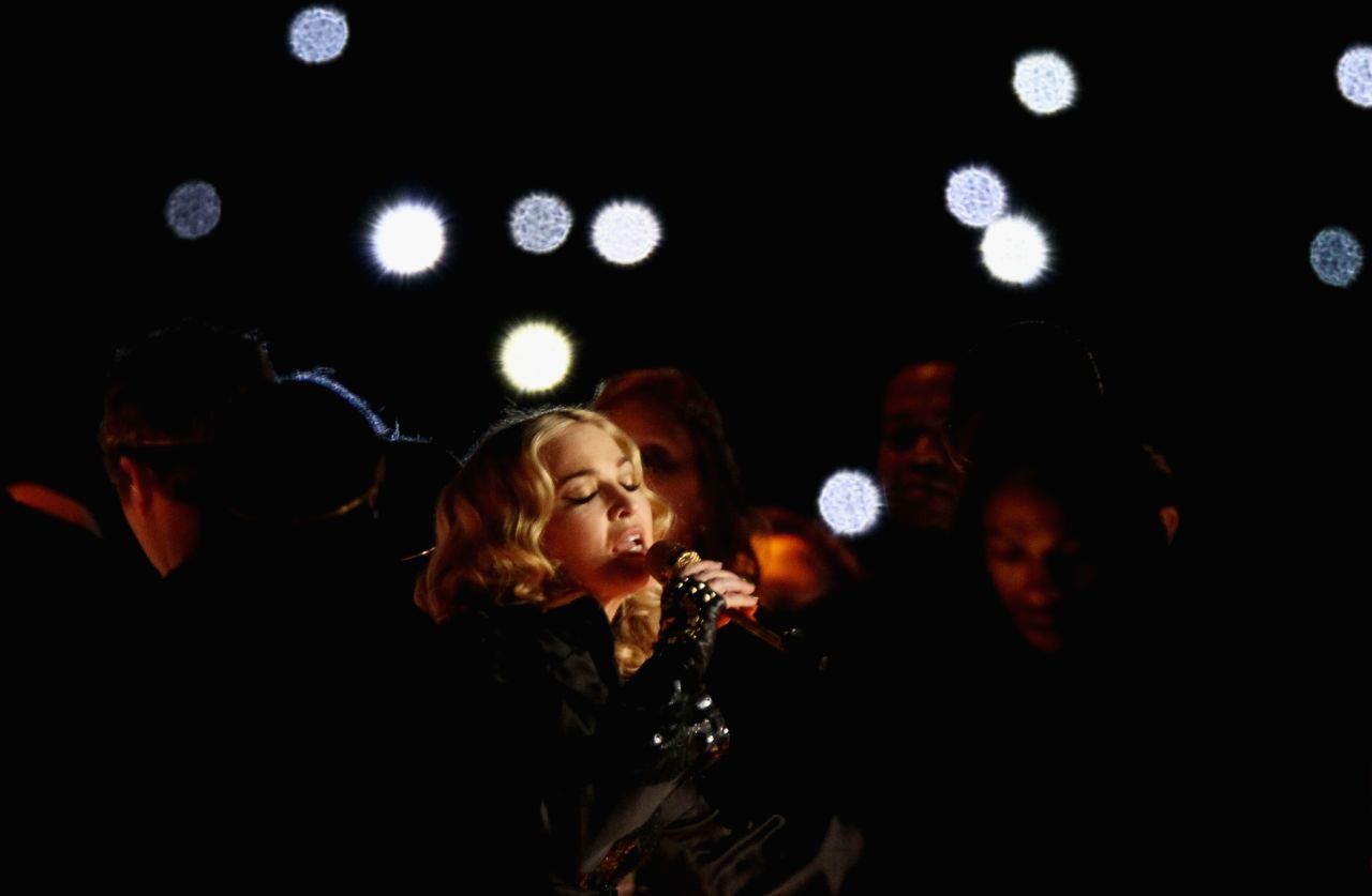 Madonna performs during the halftime show of Super Bowl XLVI at Lucas Oil Stadium in Indianapolis on Sunday, February 5.