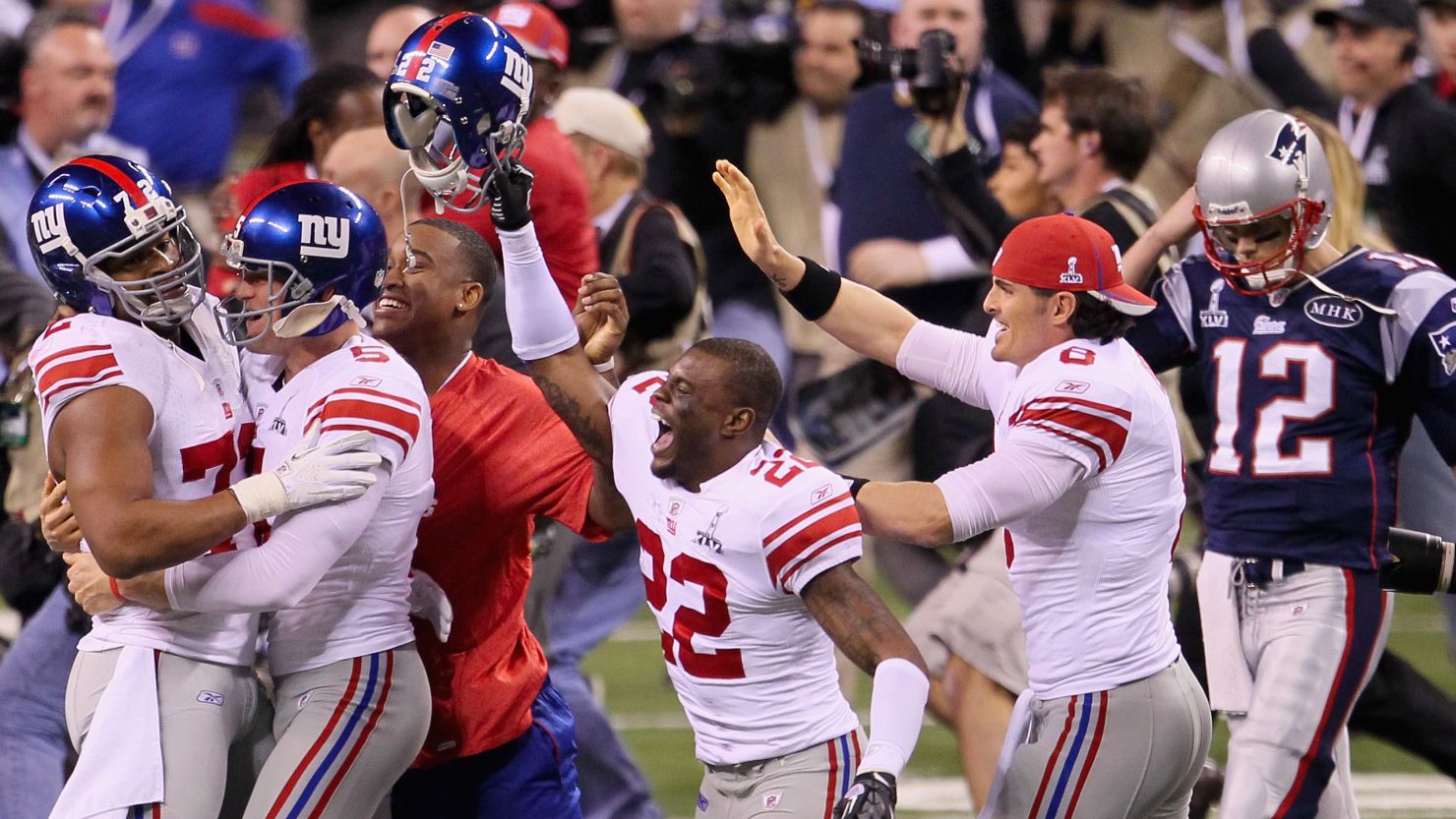 The New York Giants celebrate their 21-17 victory over the New England Patriots in Super Bowl XLVI.