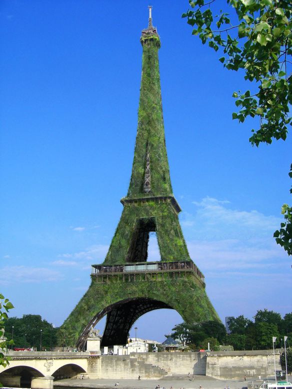 The Eiffel Tower in Paris has reduced its energy consumption with a low energy LED lighting system. This artists impression however envisions further carbon reductions by growing 600,000 plants on the world famous structure. The company behind the project claims that 87 tons of CO2 could be removed from the Paris sky each year.