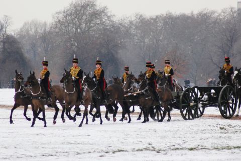 With snow lying heavy underfoot, the King's Troop Royal Horse Artillery trot into position in Hyde Park as part of the annual Accession Day celebrations.