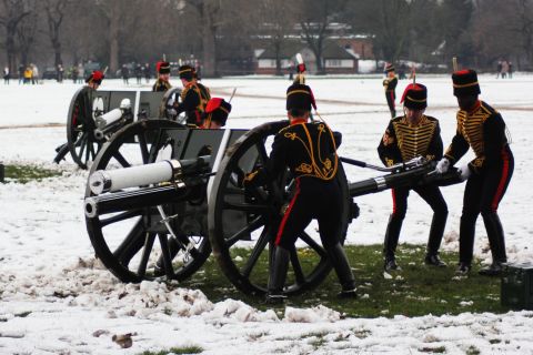 The troop, who form a ceremonial unit within the British Army, line up the cannon for a spectacular 41-gun salute. 