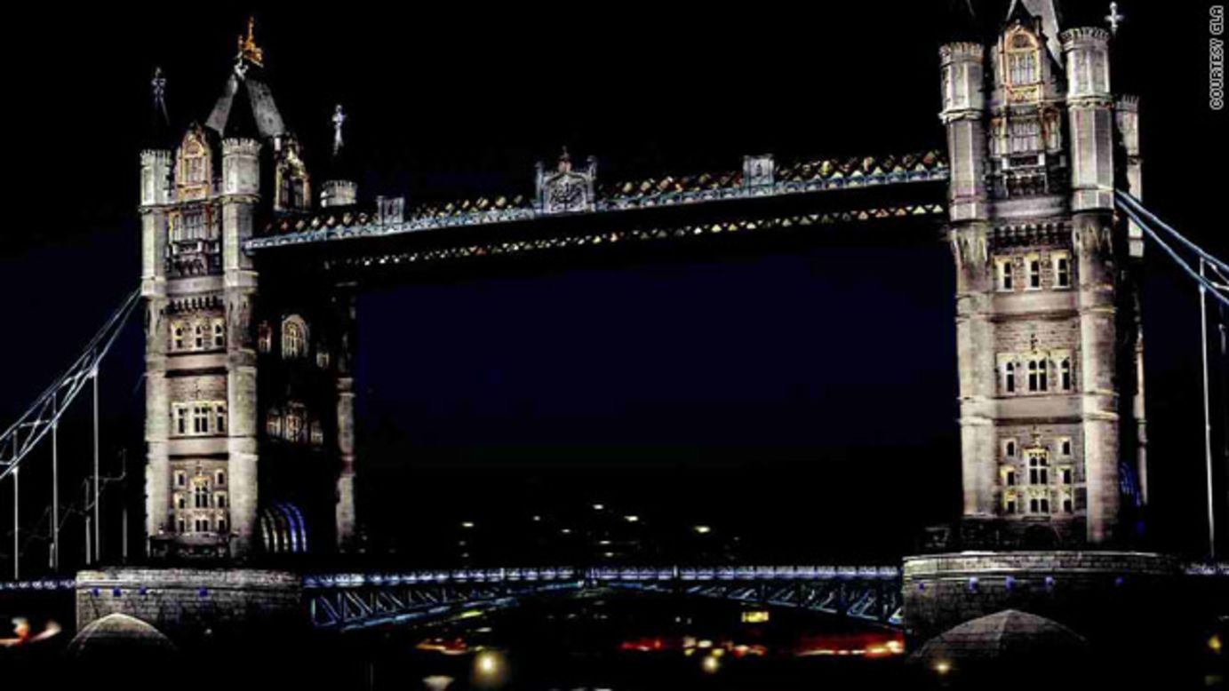 An artists impression of how Tower Bridge in London will look once it has been retrofitted with a new low-energy LED lighting system.
