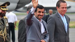 Iran's President Mahmoud Ahmadinejad arrives in Guayaquil, Ecuador, on January 12, 2012.