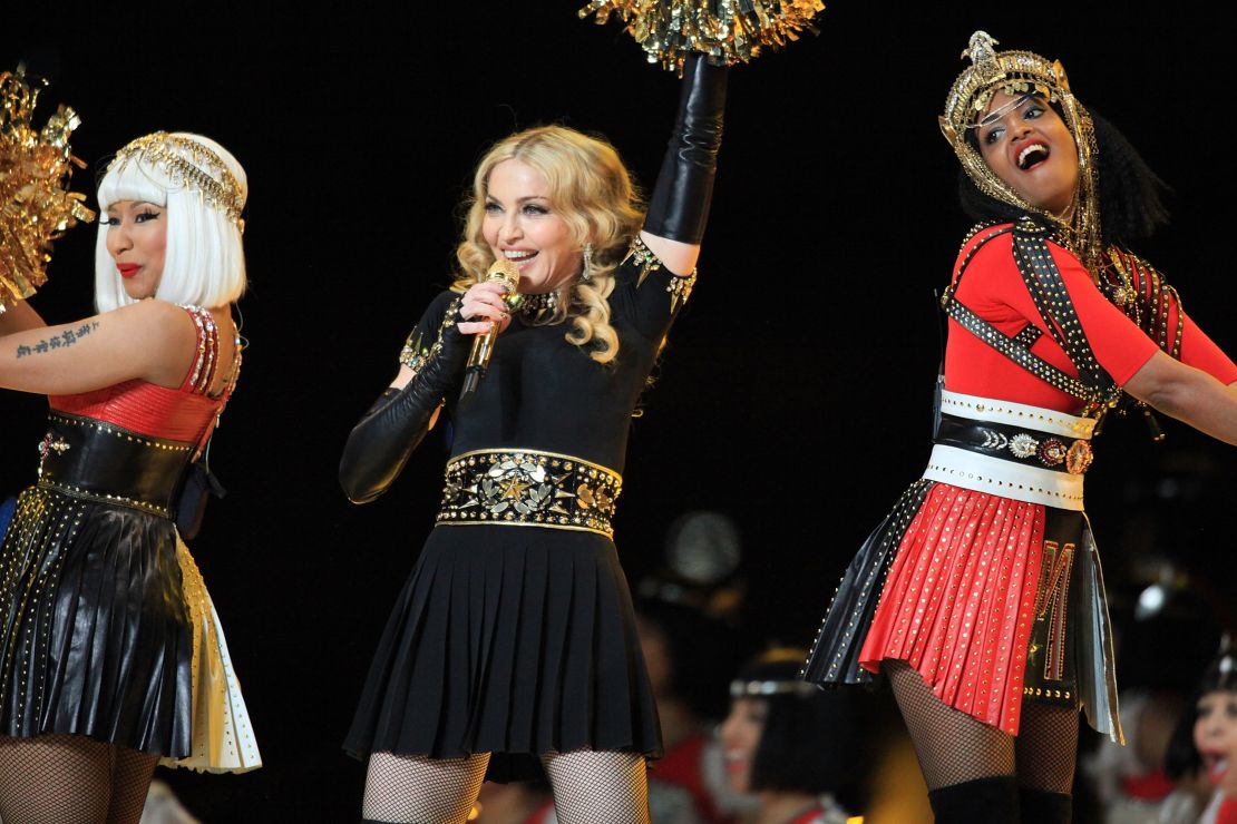 Nicki Minaj, left,  Madonna and M.I.A. perform during halftime of Super Bowl XLVI.