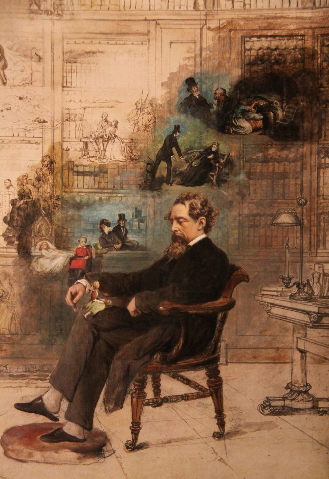 Charles Dickens is depicted by by Robert William Buss sleeping in his study at Gad's Hill Place, Higham, Kent in 1875.