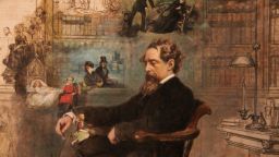 Charles Dickens is depicted by by Robert William Buss sleeping in his study at Gad's Hill Place, Higham, Kent in 1875.