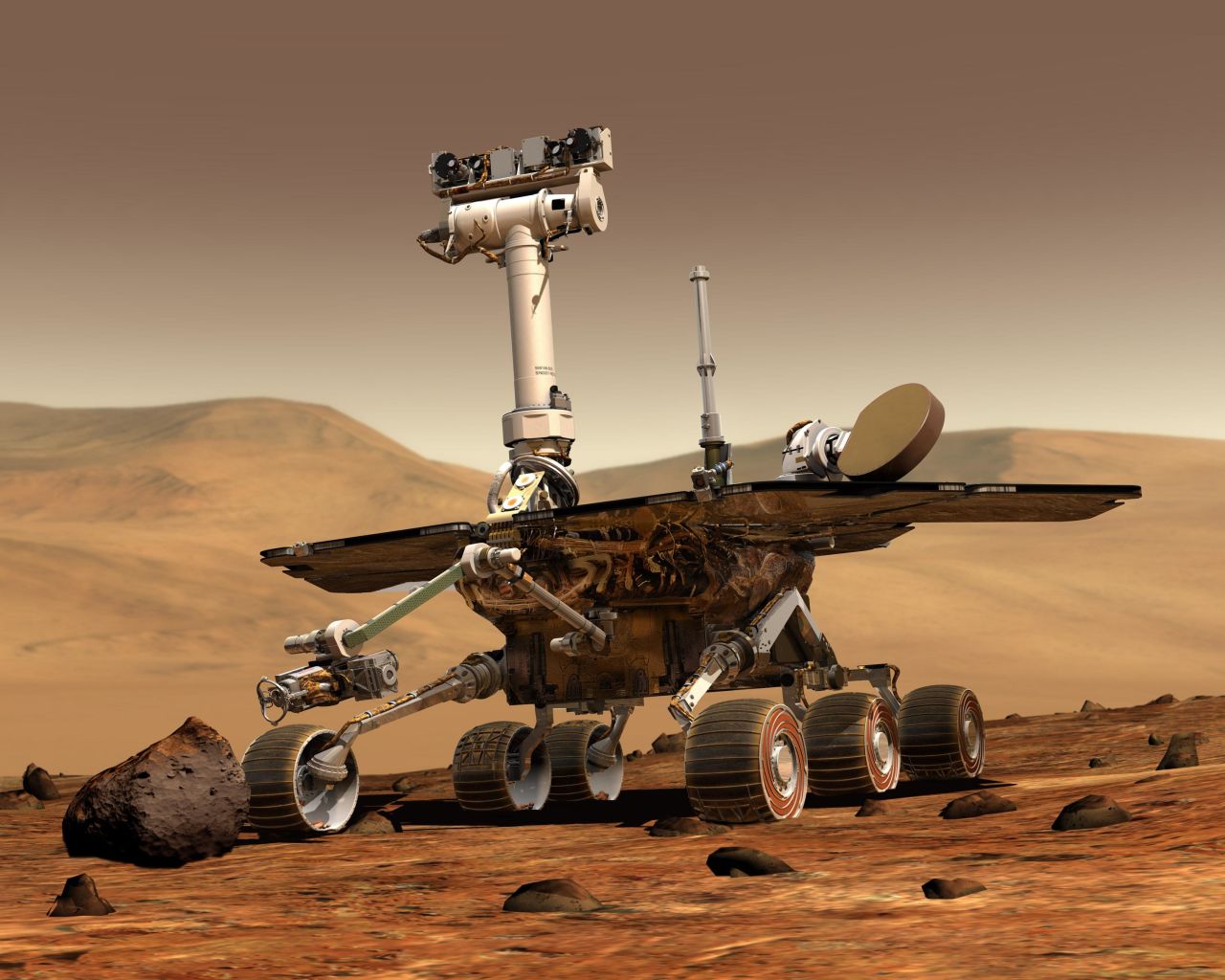 NASA's twin rovers, Spirit and Opportunity, have revealed many secrets of the Red Planet since landing on Mars in January 2004. Spirit stopped communicating in 2010, but Opportunity is still collecting data. This illustration depicts the identical look of both rovers.