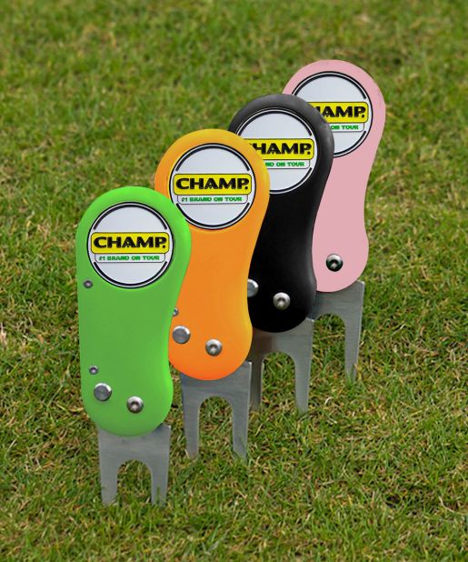 Available in pink, red, blue, orange, green or black, makers CHAMP say the "ping" noise the prongs make as they spring forth on these new divot repairers will thrill you! 