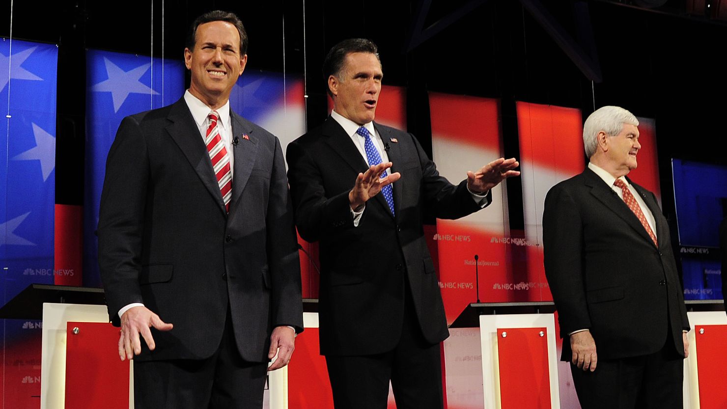 Republican presidential hopefuls Rick Santorum, Mitt Romney and Newt Gingrich at the Republican debate in Florida.