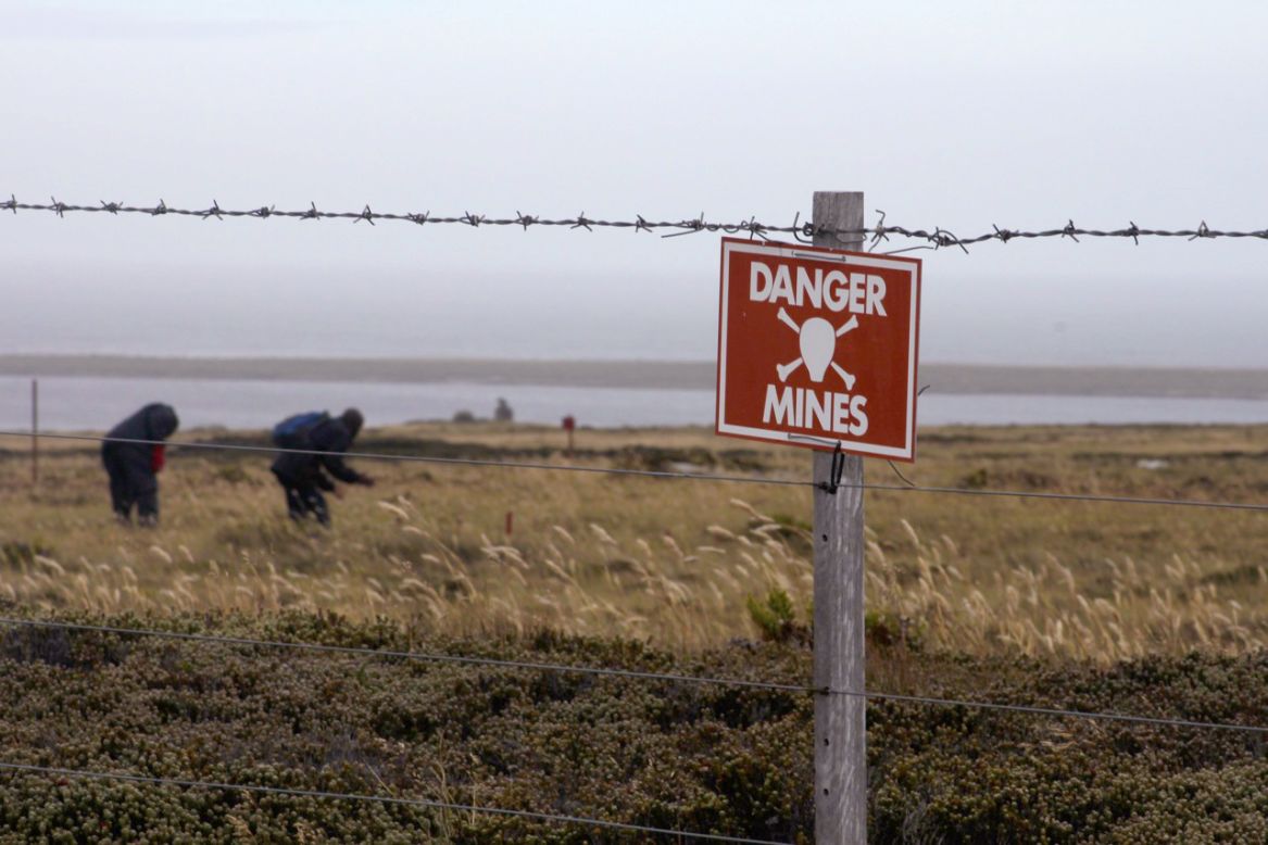 Outside Stanley, the Sapper's Hill minefield is being slowly cleared of mines by a private contractor BACTEC. 113 minefields have been identified containing some 13,000 mines.