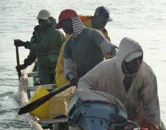 Fishermen return, after hours at sea, with their catch of the day. 