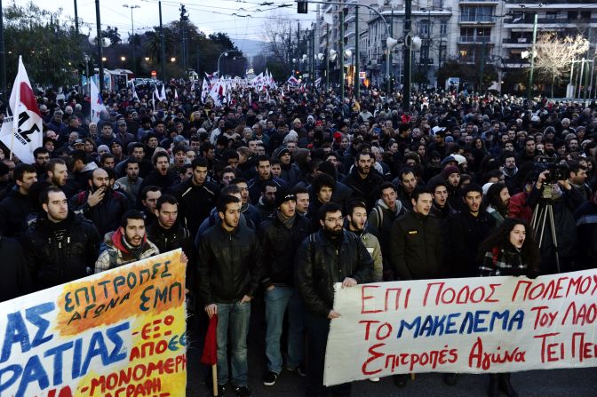Protesters shout slogans during a demonstration in Athens on February 9, 2012. Euro area finance ministers want to see more cuts and austerity pledges from Greece