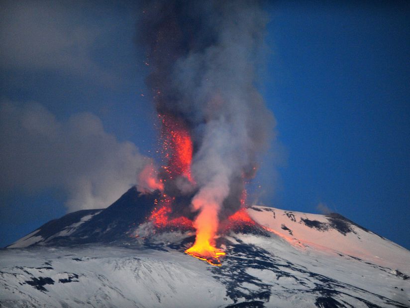 Europe's highest active volcano, Mount Etna, spews lava in January 2012. The volcano is located in Sicily.