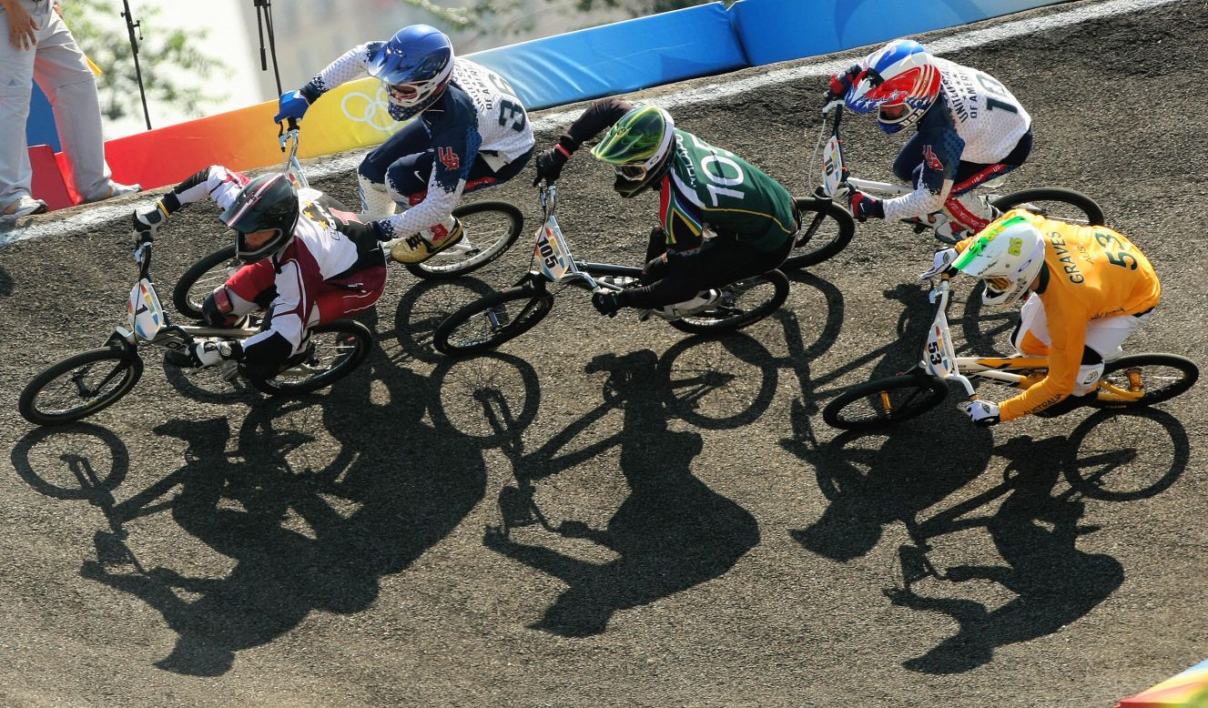 The track also features steep banked corners, known as berms. This picture was taken during the men's final at the 2008 Beijing Games, where Latvia's Maris Strombergs took gold.