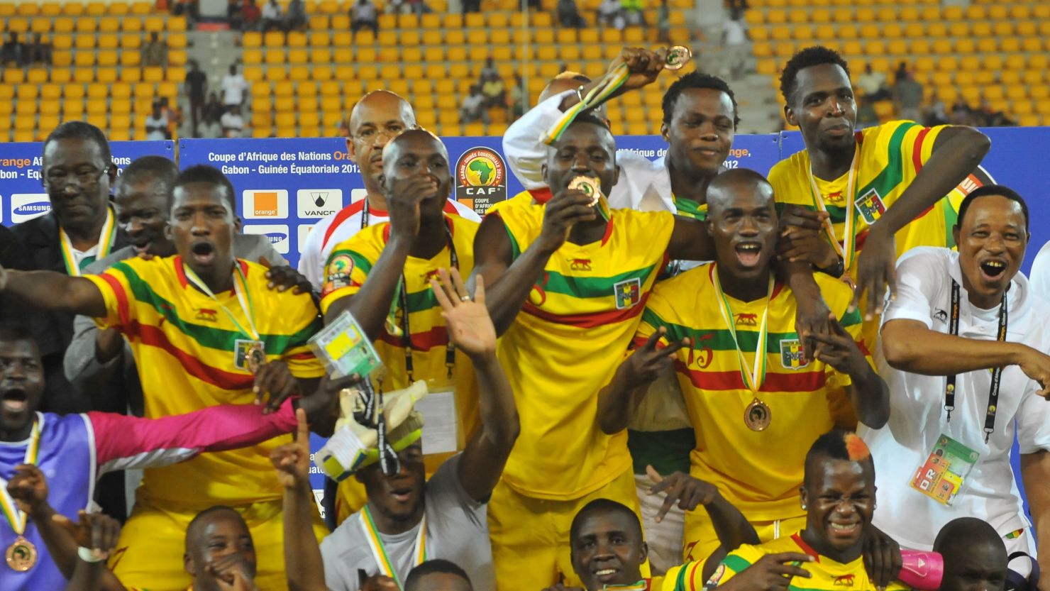 Mali celebrate their victory after winning 2-0 their third-place playoff Africa Cup of Nations football match against Ghana.