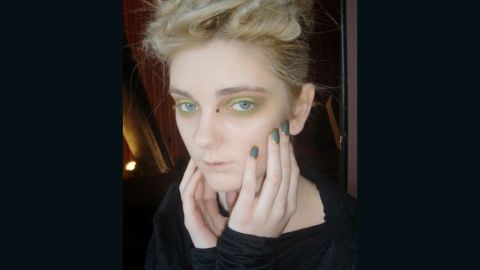 Nail artist Fleury Rose creates a mossy, gold rimmed design for Katie Gallagher's Fashion Week show.