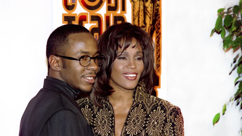 On February 8, 1994, US singer Whitney Houston poses with her husband, Bobby Brown.