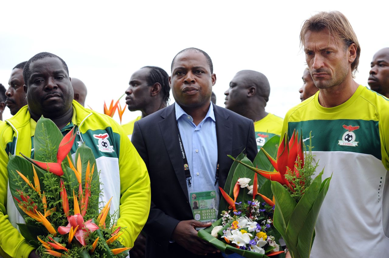 Back in 1993, 18 Zambia players and their coach were killed in a plane crash in Gabon's capital Libreville -- the setting for Sunday's final. Bwalya escaped the tragedy as he was traveling to Africa from the Netherlands. He returned to the scene of the crash with Renard (right) and the squad before the final.