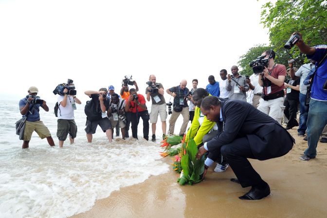 Bwalya laid flowers at the scene of the crash -- a beach in Libreville -- to pay his respects to his late teammates and coach.